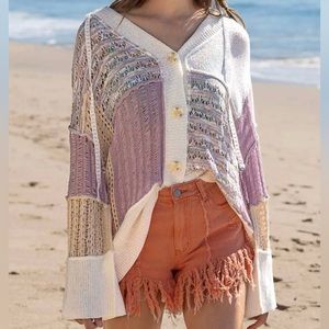 POL BNWT LAVENDER PATCHWORK BOHO LIGHTWEIGHT HOODIE CARDIGAN Anthro reg $78